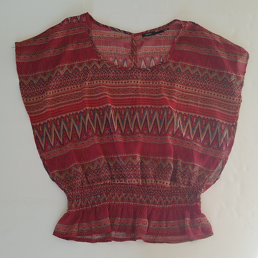 Poetry red boho Aztec print‎ sheer blouse top M